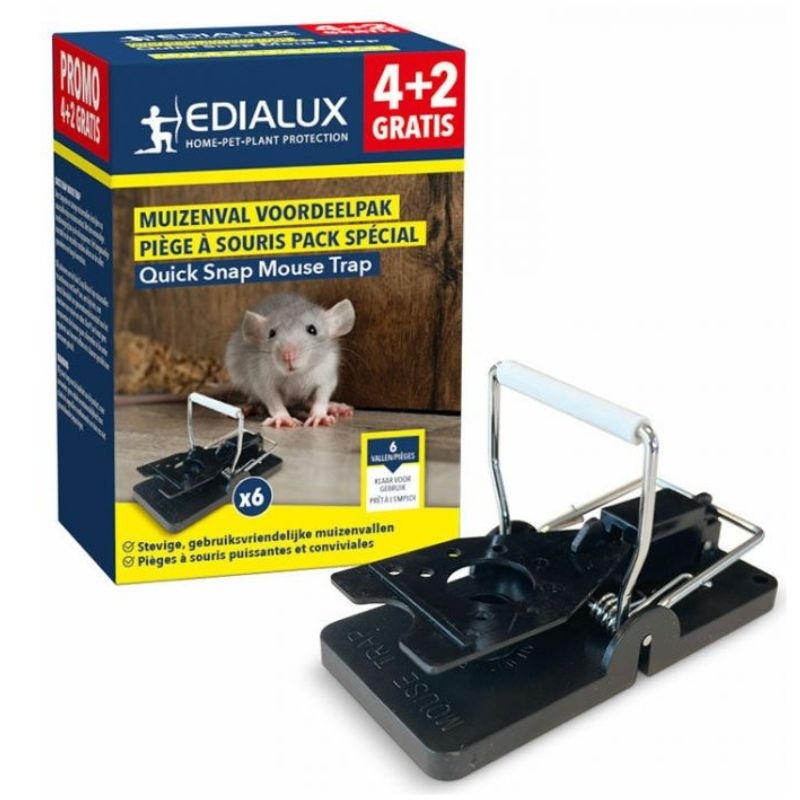 Edialux Quick Snap Mouse Trap Voordeelpak: Een doos met 6 stevige, gebruiksvriendelijke muizenvallen, met een afbeelding van een muizenval en een muis.