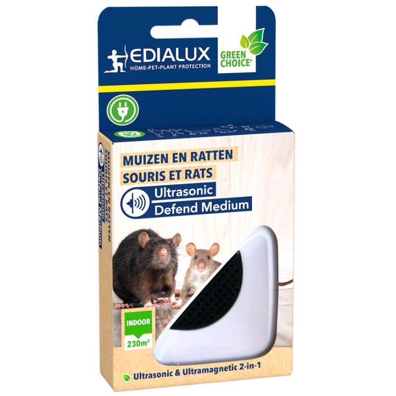 Edialux Ultrasonic Defend Medium: Een wit, driehoekig apparaat met een zwarte luidspreker, ontworpen om muizen en ratten binnenshuis te verjagen met ultrasone geluiden en elektromagnetische pulsen.