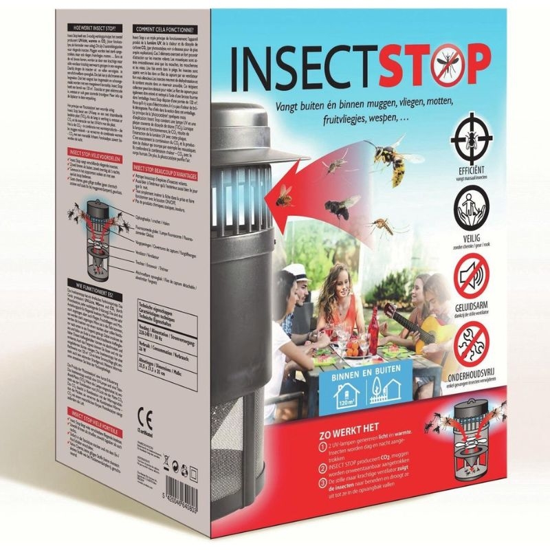 Zwarte BSI Insect Stop muggenlamp met UV-licht, warmte en CO2-uitstoot om muggen, vliegen en andere insecten aan te trekken en te vangen.