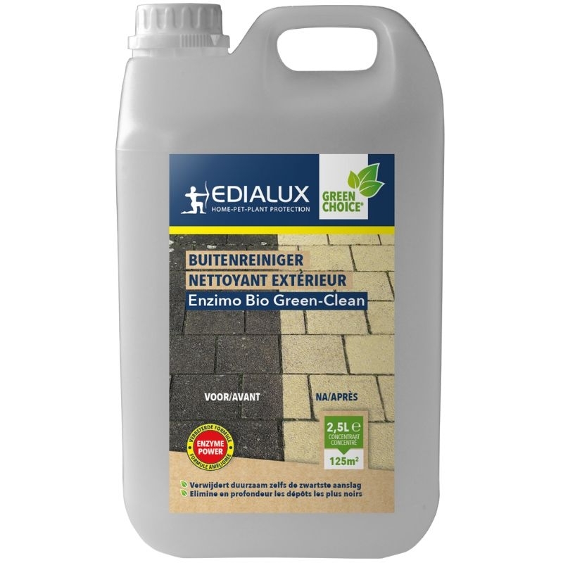 Edialux Enzimo Bio Green-Clean (2,5L): Een witte fles biologische reiniger voor het verwijderen van zwarte aanslag op terrassen en opritten.