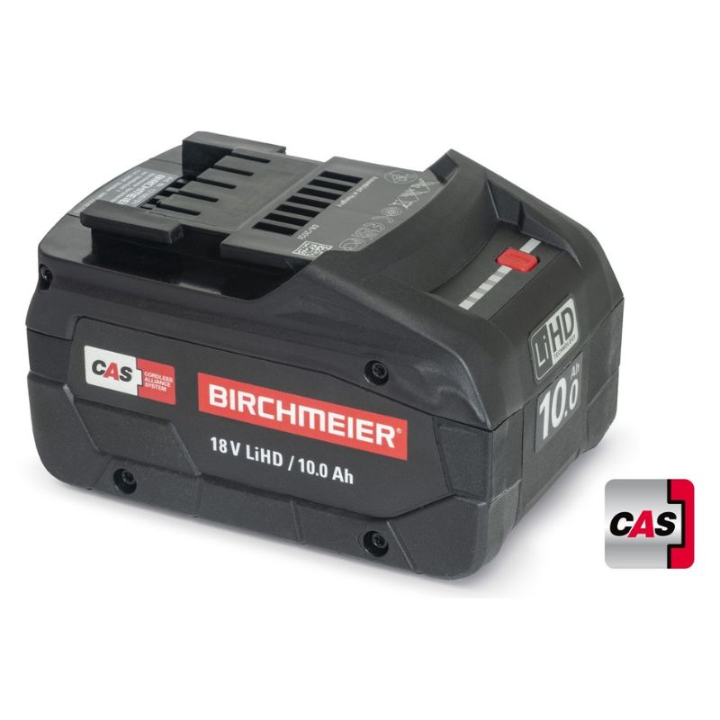 Een zwarte Birchmeier accu-pack met rode accenten en het CAS-logo, met de tekst "18V LiHD / 10.0 Ah" erop.