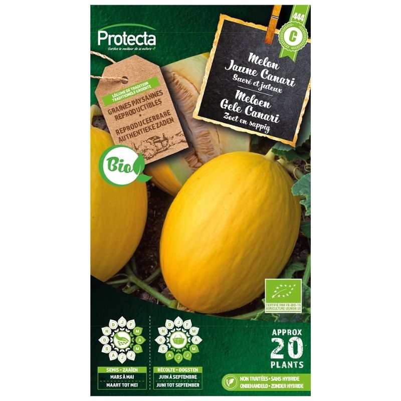 Protecta bio zaadvaste zaden voor het kweken van de heerlijke meloen 'Gele Canari'. GMO-vrij en reproduceerbaar, perfect voor de biologische tuinier.