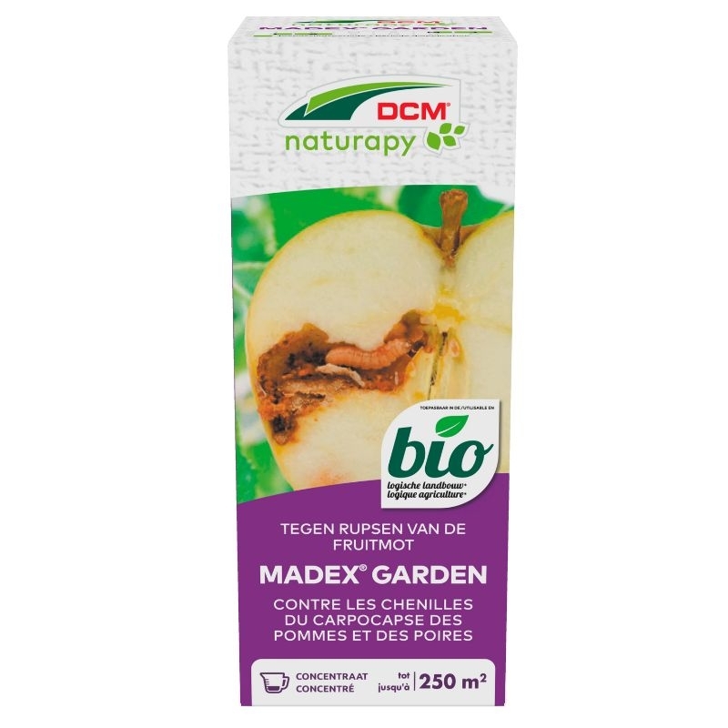 Een doosje DCM Madex Garden Naturapy met een afbeelding van een appel met wormstekigheid. Dit biologische insecticide bestrijdt rupsen van de fruitmot in appels en peren.