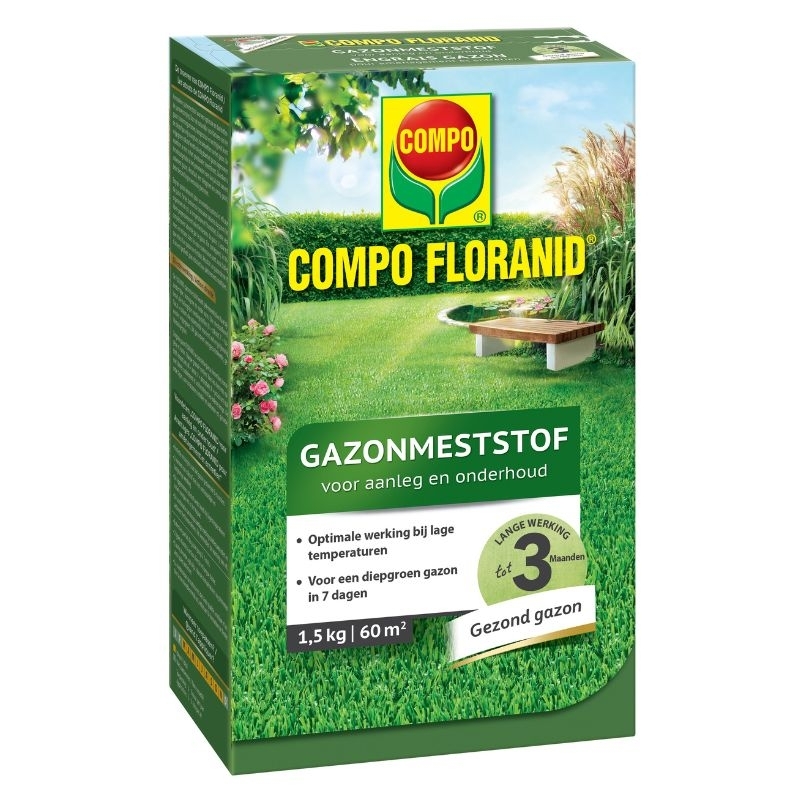 Groene verpakking van COMPO Floranid Gazonmeststof voor aanleg en onderhoud, geschikt voor 60m².