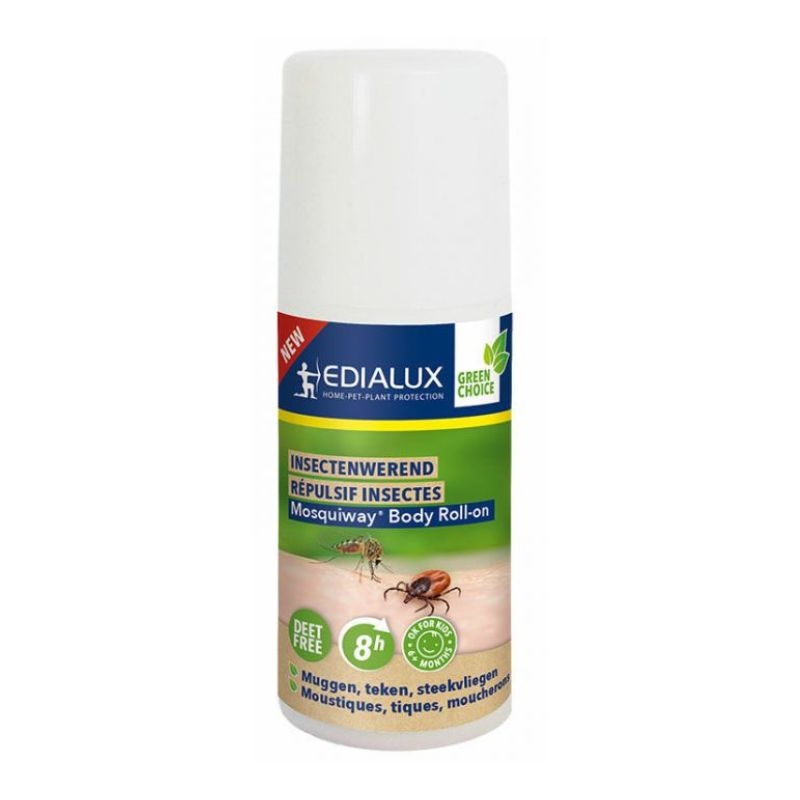 Witte fles met groene dop, Edialux Mosquiway® Body Roll-On, 50ml, voor bescherming tegen muggen en teken.