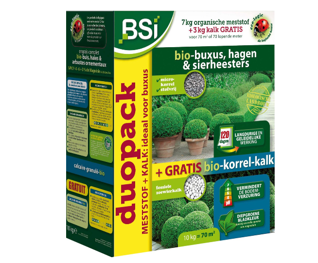BSI Bio meststof voor buxus, hagen en sierheesters (7kg) met gratis bio-korrelkalk (3kg). Ideaal voor volle planten met een mooie kleur.