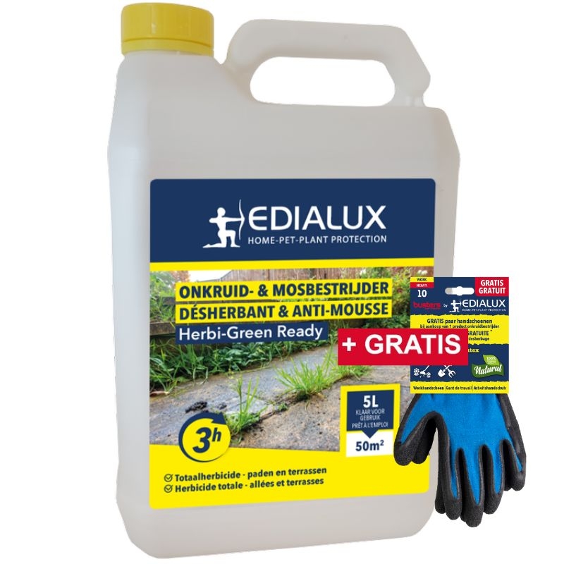 Edialux Herbi-Green Ready (5L) - klaar-voor-gebruik onkruid- en mosbestrijder met gratis handschoenen, effectief tegen alle soorten onkruid en mos op paden en terrassen.