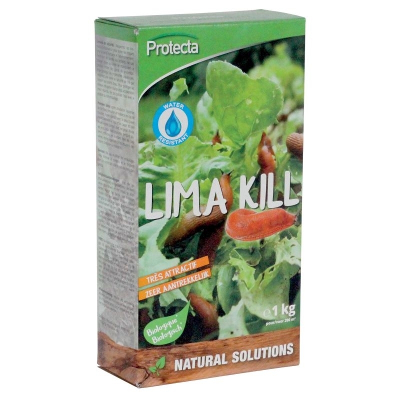 Een groene doos met de naam "Protecta Lima Kill" en een afbeelding van slakken op een blad sla. De tekst benadrukt dat het product biologische en regenbestendige slakkenkorrels zijn.