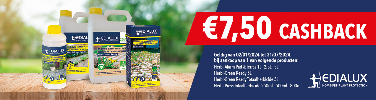 Edialux cashback actie: Ontvang €7,50 terug bij aankoop van Edialux Herbi Press onkruidverdelgers in verschillende formaten (5L, 2L, 1L, 800ml + 250ml gratis)