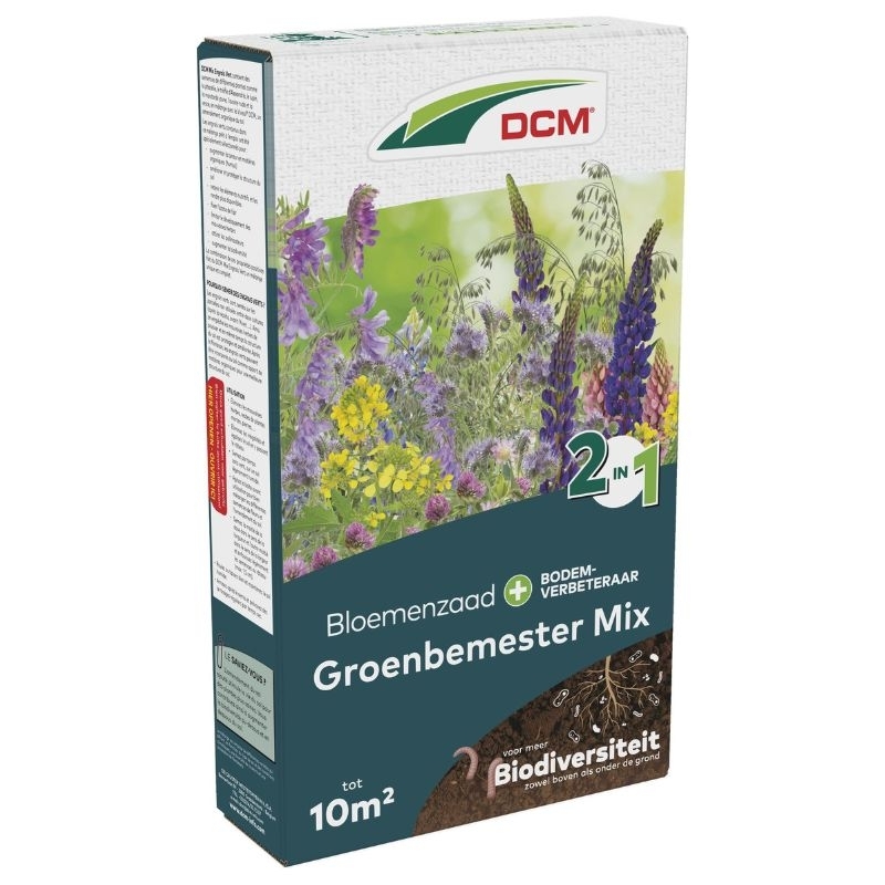 Doos met DCM Groenbemester Mix voor 10m², met afbeeldingen van verschillende bloemen en de tekst "Bloemenzaad" en "Bodemverbeteraar".