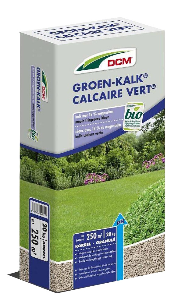 Zak DCM Groen-Kalk van 20 kg, geschikt voor 250m², voor het verbeteren van de zuurtegraad van de bodem en het tegengaan van mosvorming.