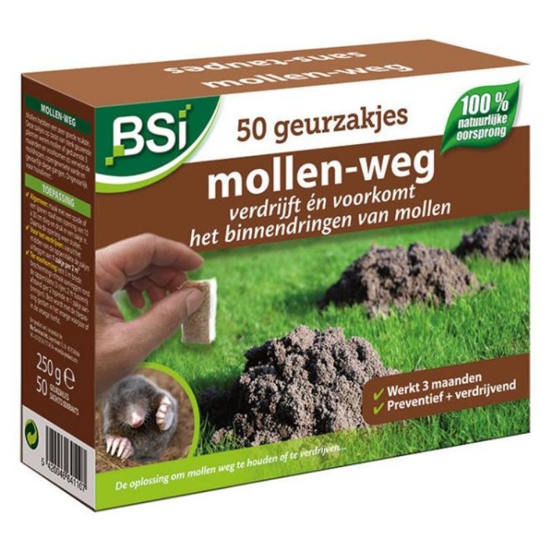 Verjaag mollen op een diervriendelijke manier met BSI Mollen Weg geurzakjes, 50 stuks per verpakking.