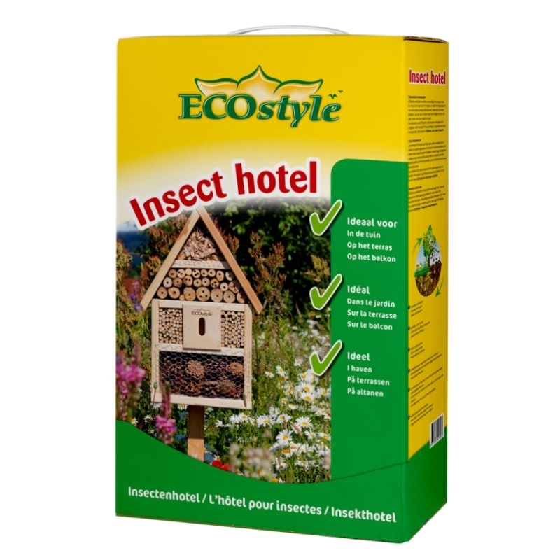 Ecostyle insectenhotel van hout met verschillende compartimenten om diverse nuttige insecten aan te trekken en te huisvesten.