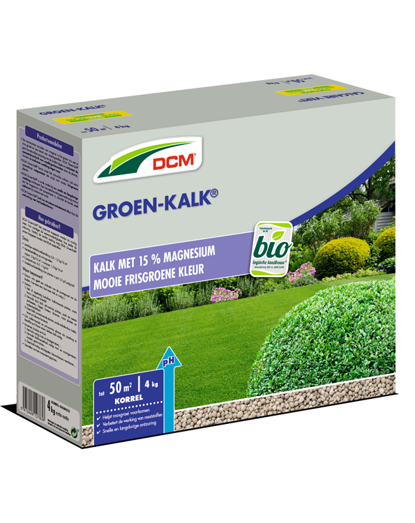 Doos DCM Groen-Kalk met afbeelding van een groen gazon en siertuin, ideaal voor 50m².