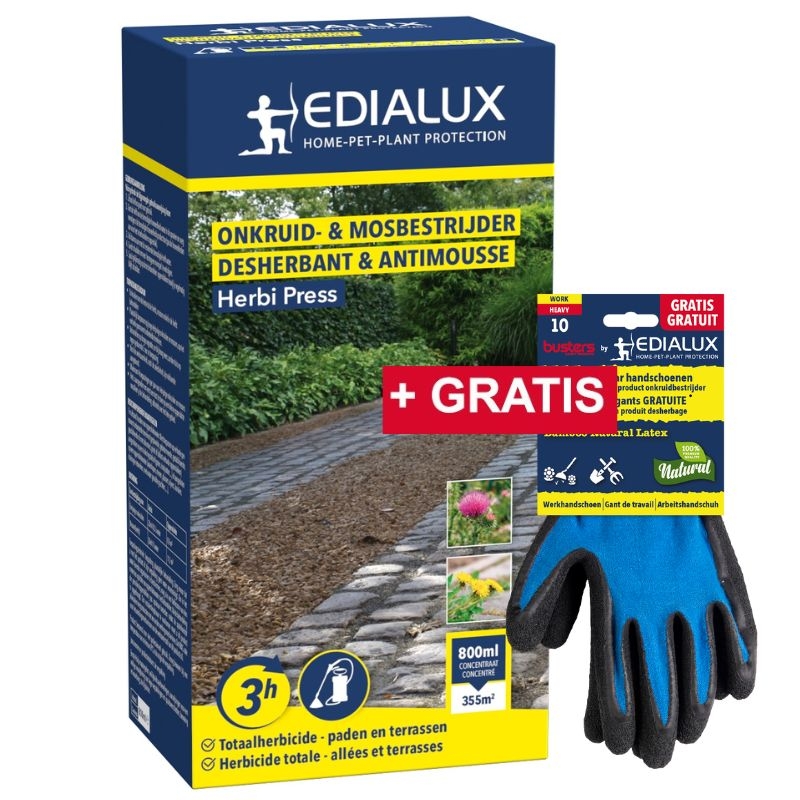 Edialux Herbi Press onkruid- en mosbestrijder (800ml) met gratis tuinhandschoenen - effectief tegen onkruid en mos op paden en terrassen.