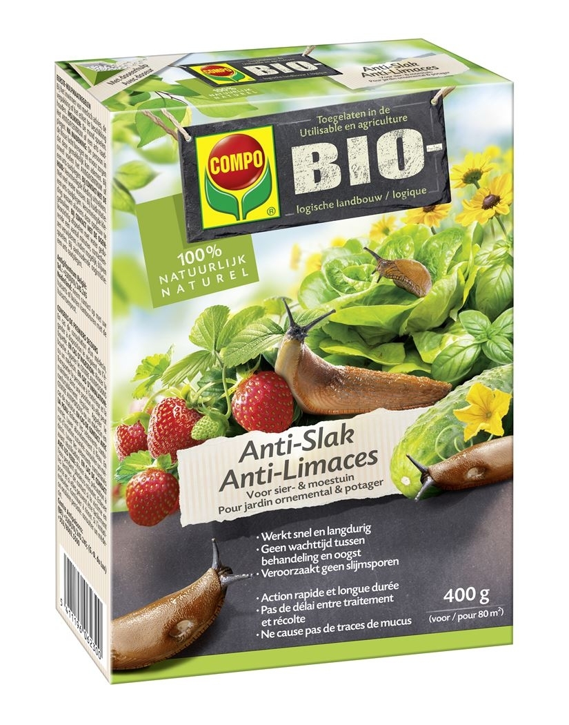 Groene verpakking van Compo Bio Anti-Slak slakkenkorrels (400g) met afbeelding van een slak en een plant.