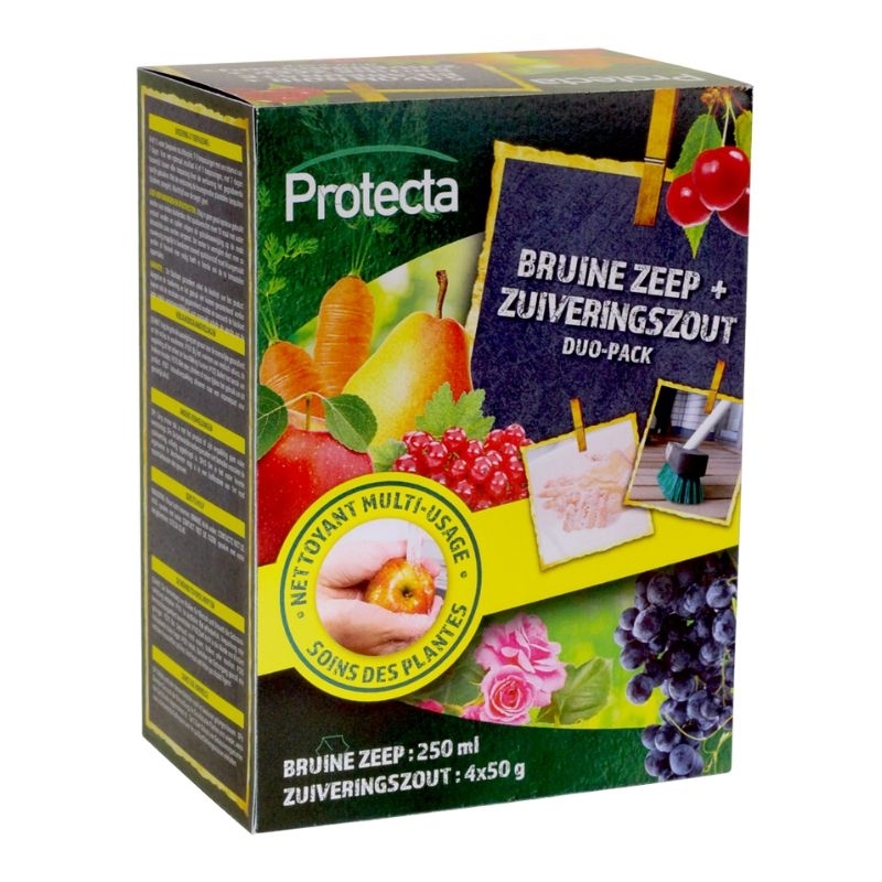 Een doos van Protecta met daarop afbeeldingen van fruit, groenten en bloemen. De tekst op de doos geeft aan dat het product bruine zeep en zuiveringszout bevat voor de bestrijding van meeldauw.