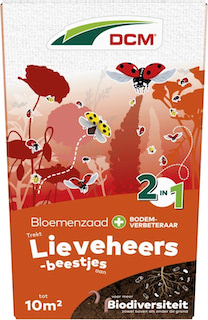 Doos met DCM bloemenmengsel voor het aantrekken van lieveheersbeestjes, inclusief bodemverbeteraar.