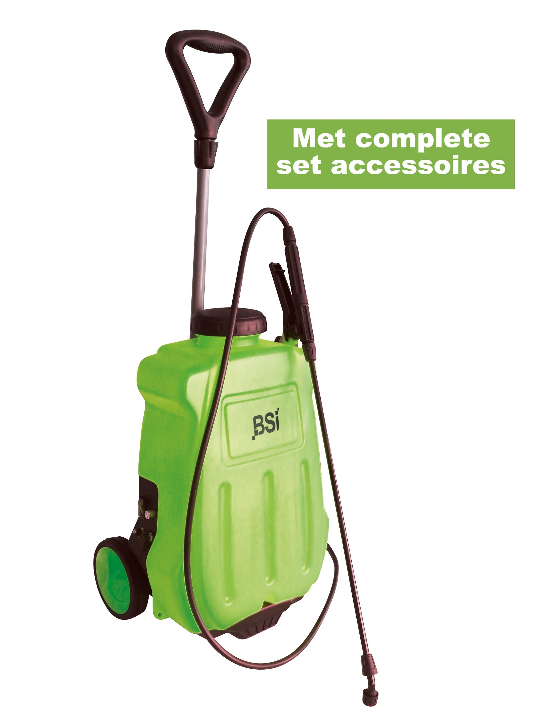 Een groene BSI druksproeier op een trolley met wielen, een lange spuitlans en een handvat.