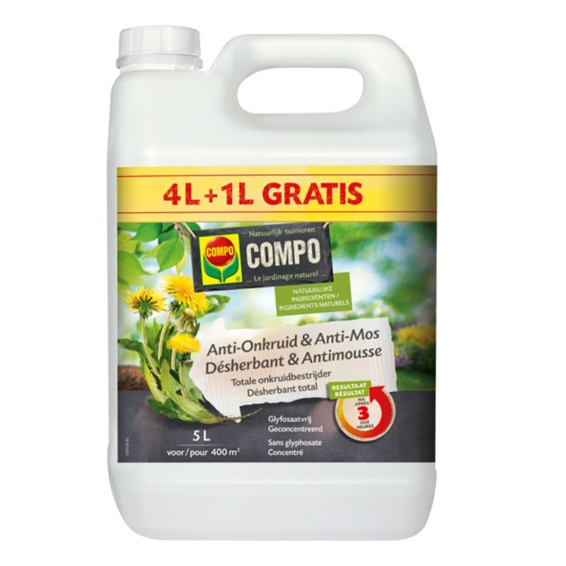 Biologische onkruid- en mosbestrijder van Compo, effectief tegen onkruid, grassen en mos (5 liter fles, 4+1 gratis).