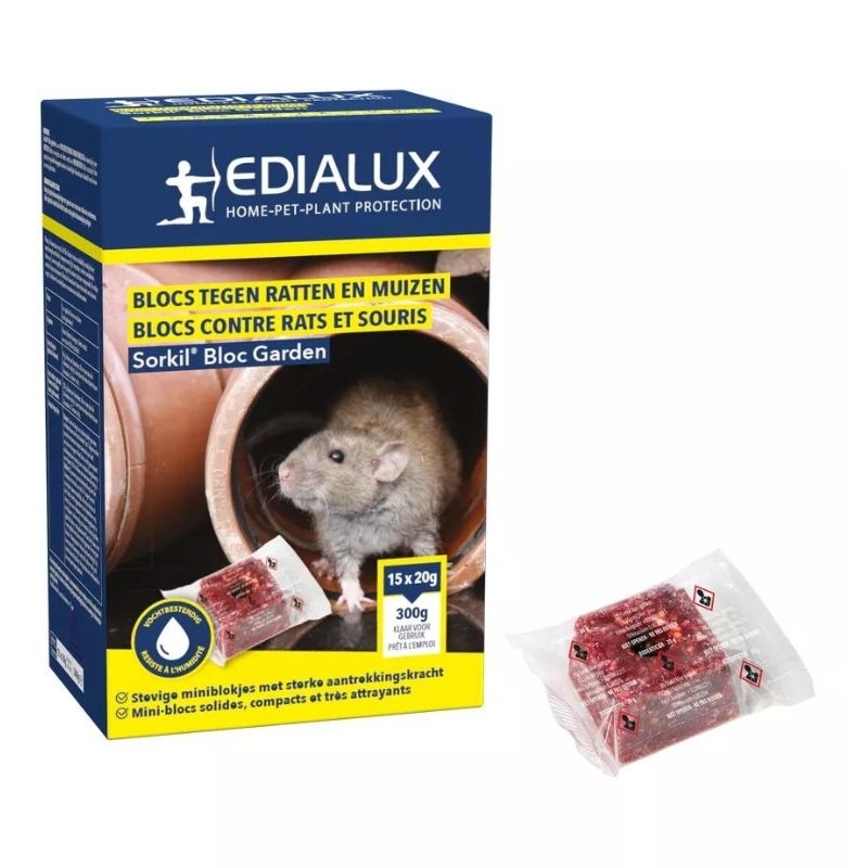 Edialux Sorkil Bloc Garden 300g - effectieve blokken tegen ratten en muizen, geschikt voor buitengebruik.