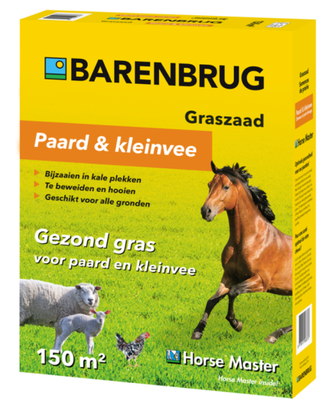 Barenbrug Horse Master graszaad: Hoogwaardig mengsel voor paardenweides en kleinvee, geschikt voor 150m². Bijzaaien, beweiden en hooien mogelijk.