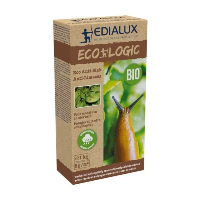  Groene kartonnen strooibus met Edialux Eco Anti-Slak slakkenkorrels (1kg) voor biologische slakkenbestrijding.