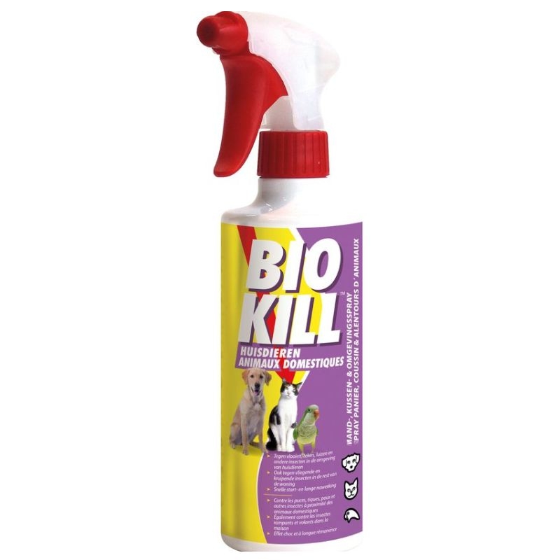 Een fles BSI Bio Kill Huisdieren spray, een effectieve oplossing tegen vlooien, teken en mijten bij huisdieren.