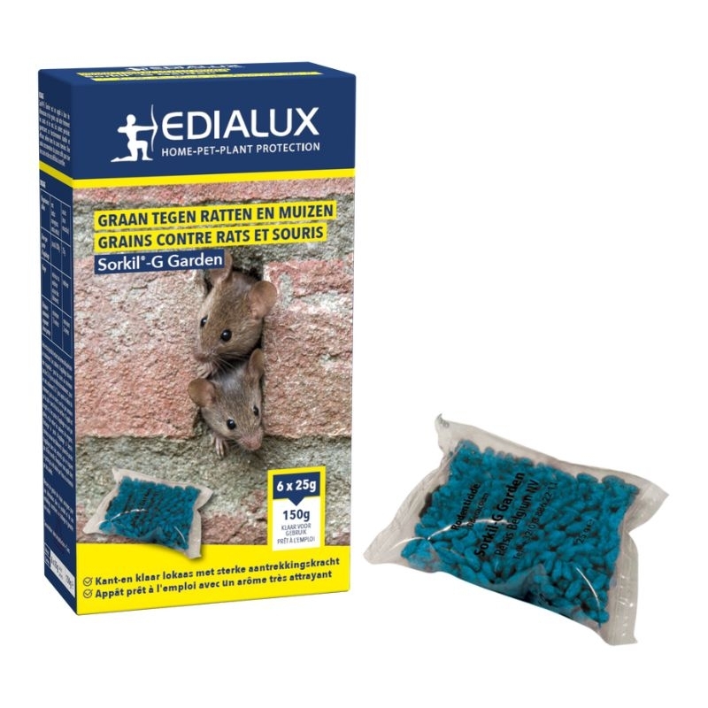 Blauwe doos en zakje met Edialux Sorkil G rattengif in de vorm van blauwe graankorrels (150g).