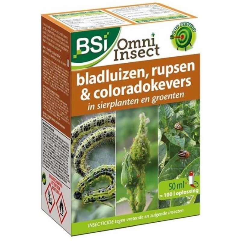 Blauwe fles BSI Omni Insect insecticide (50ml) voor het bestrijden van bladluizen, rupsen en coloradokevers op sierplanten en groenten.