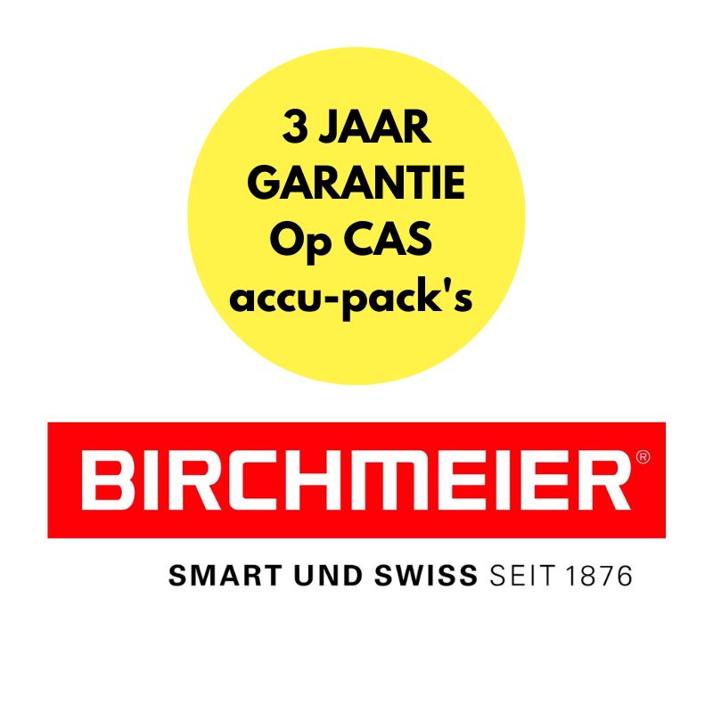 Een gele cirkel met daarin de tekst "3 JAAR GARANTIE Op CAS accu-pack's" boven het Birchmeier-logo.