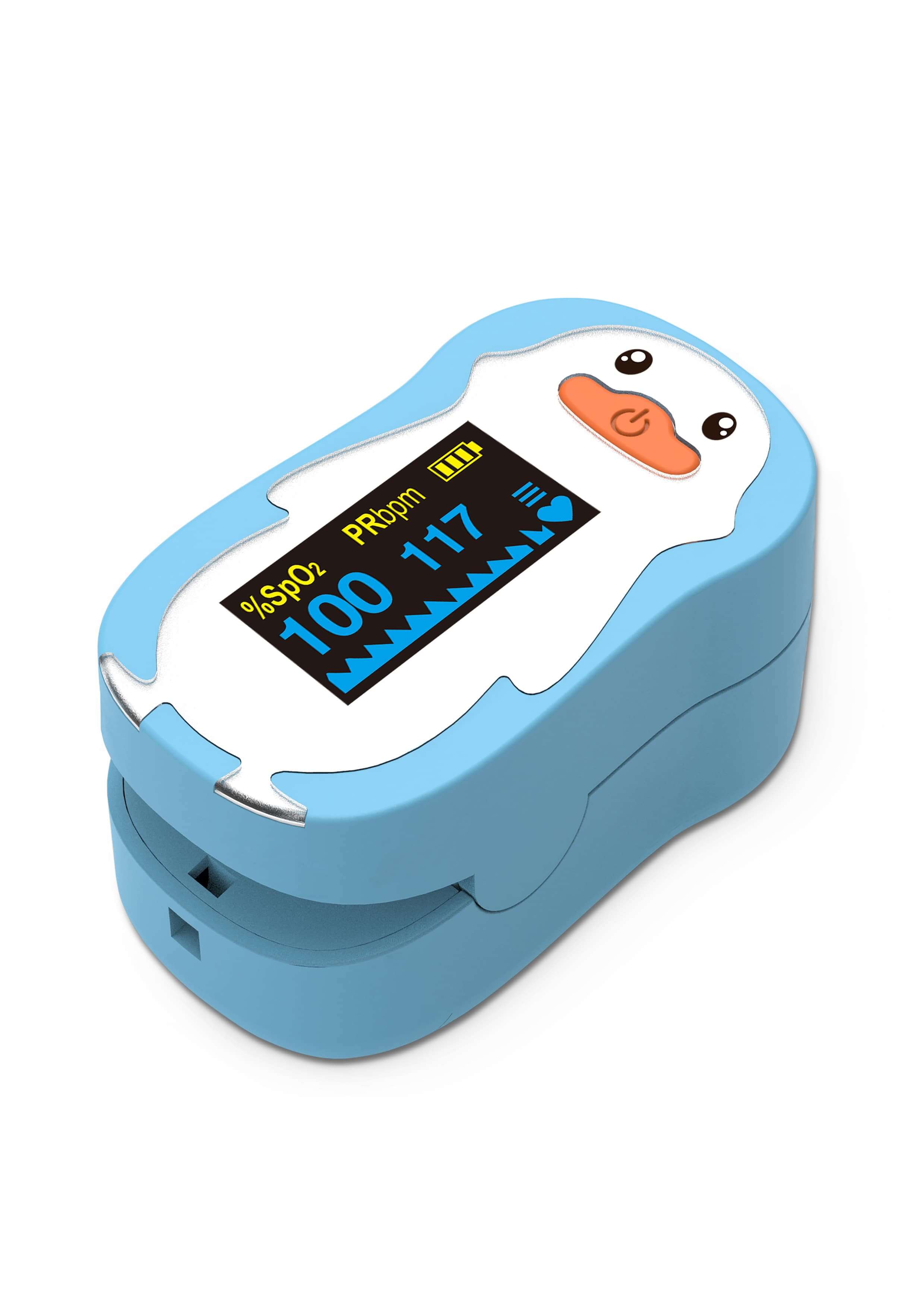 Kinder-Fingerpulsoximeter FS20P zur Messung von Sauerstoffsättigung und Puls – kindgerechtes Design für kleine Finger.