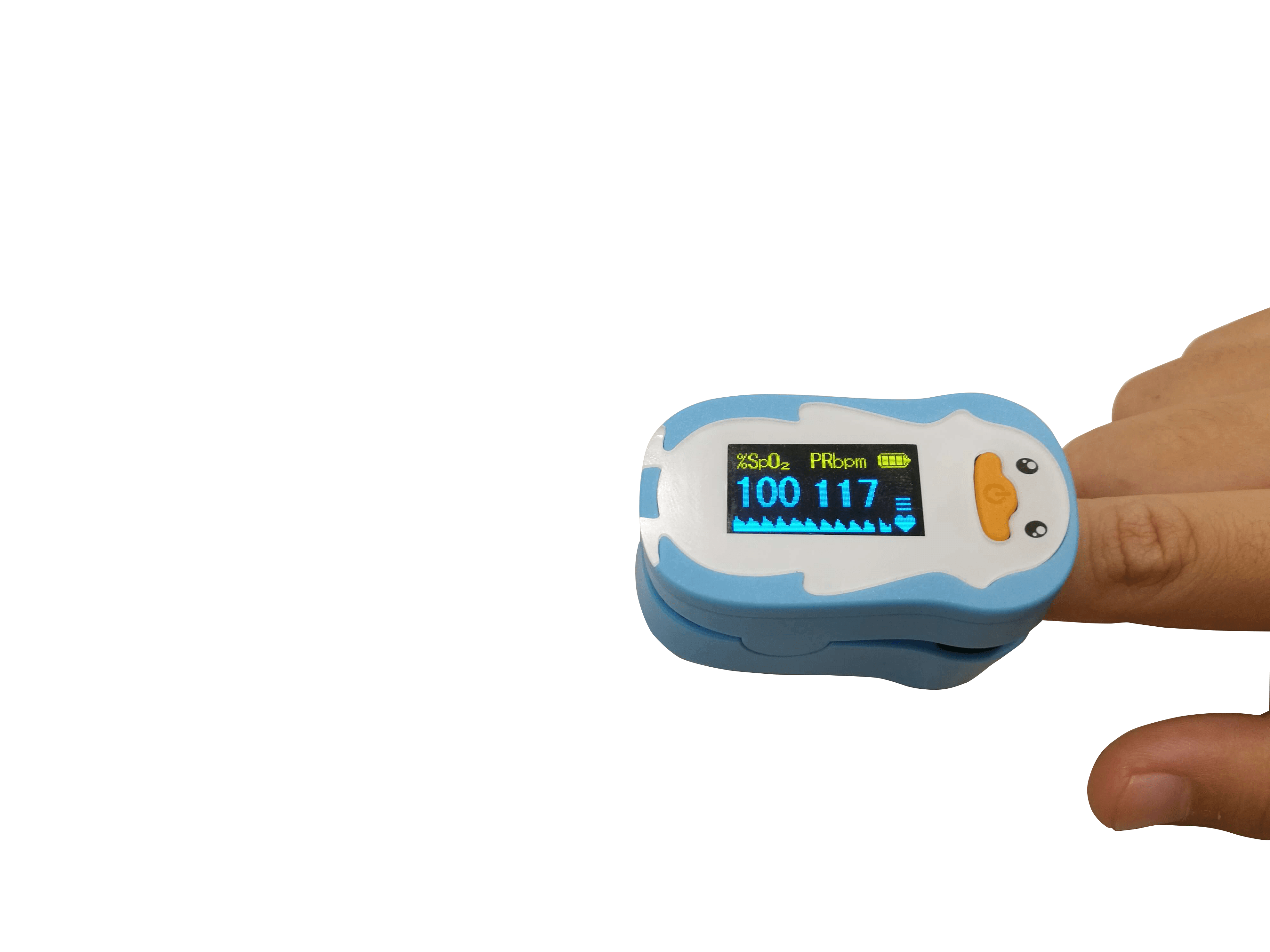 Kinder-Fingerpulsoximeter FS20P am Finger – misst Puls und Sauerstoffsättigung bei Kindern.