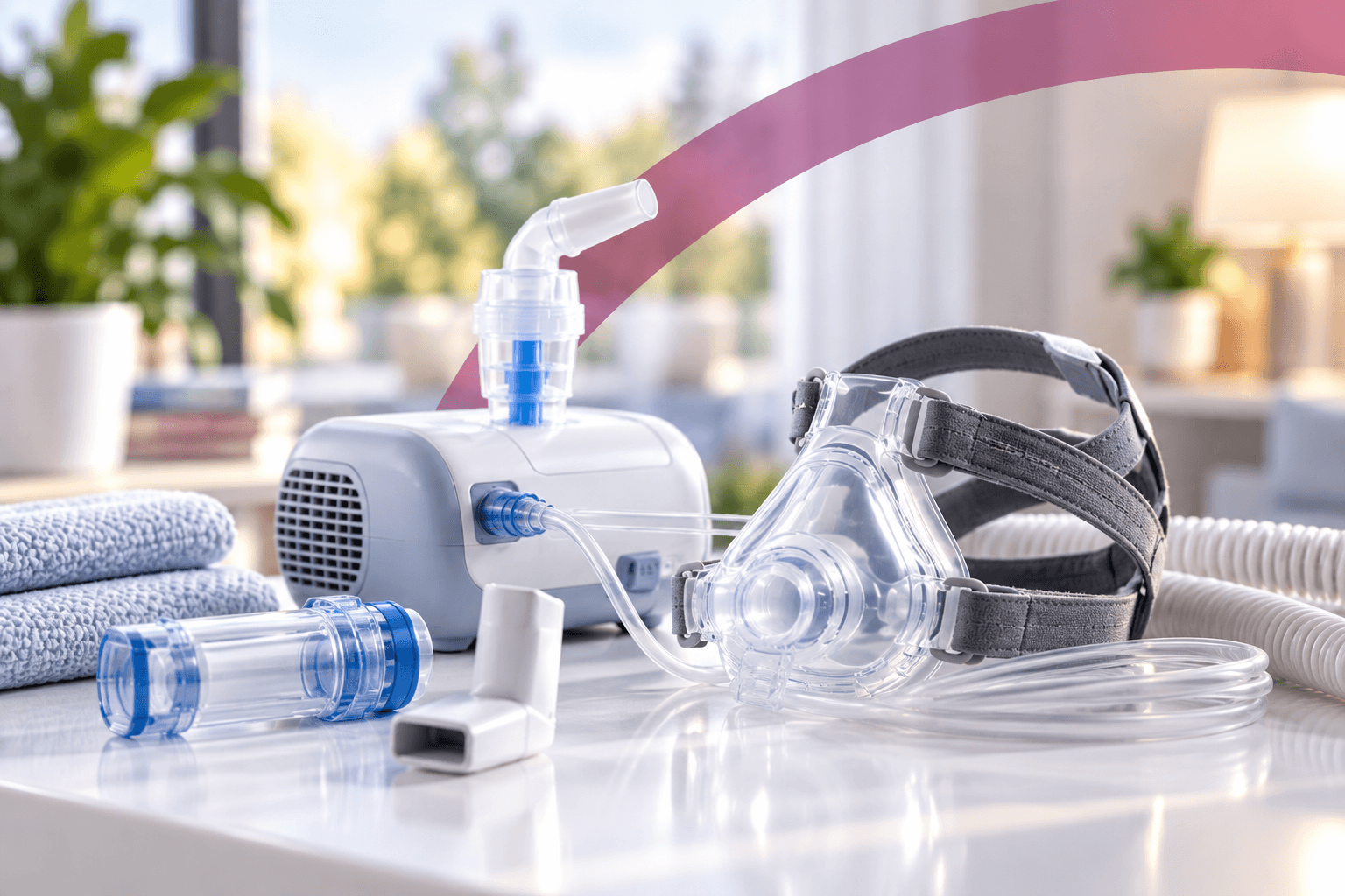 Atemtherapiegeräte mit Inhalationsgerät, Atemmaske, Schläuchen und Zubehör auf einer hellen Oberfläche.