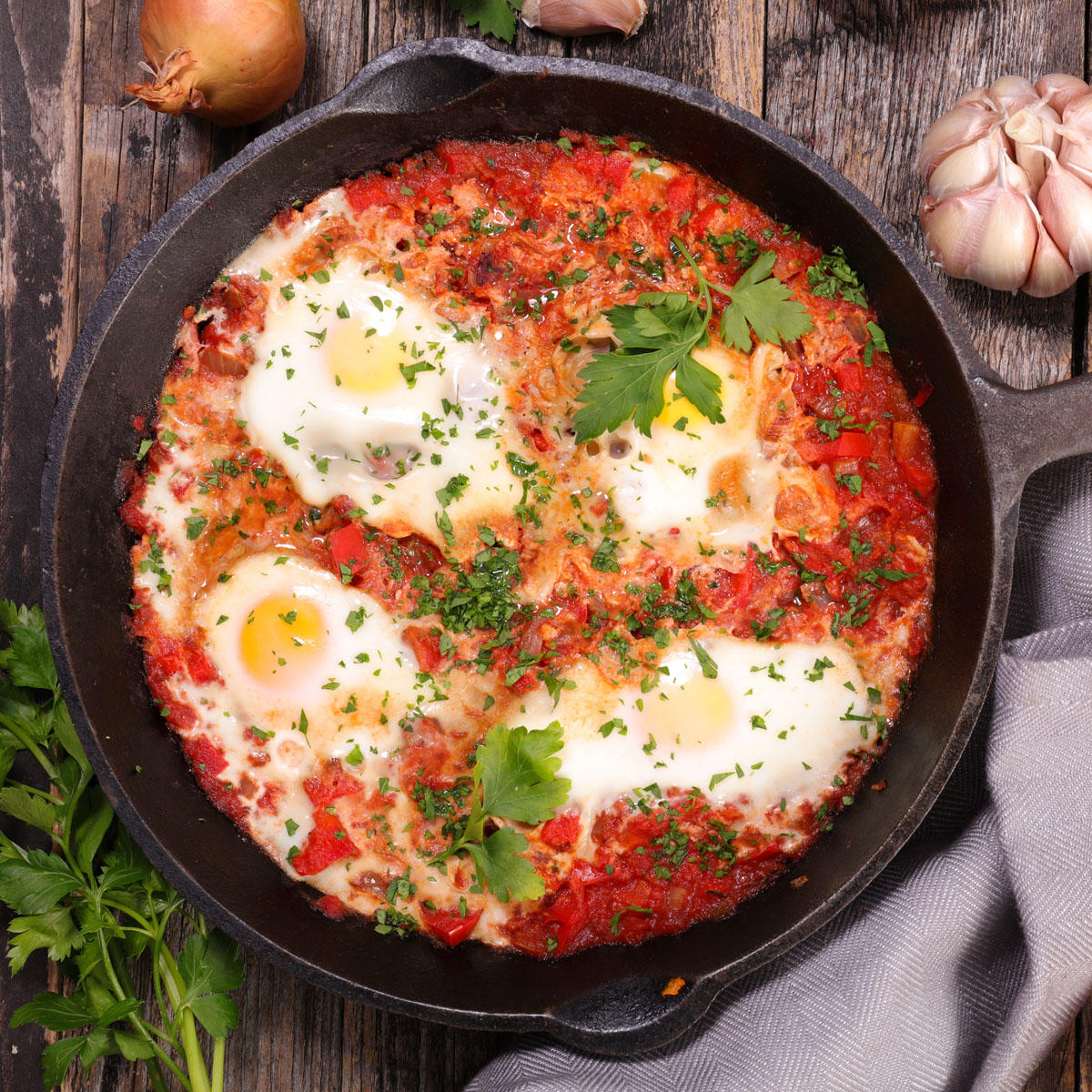 Shakshuka: Bevor du loslegst, merk dir den Namen: Schakschuka! Dieses würzige nordafrikanische Gericht aus Tomaten, Paprika und vielen Gewürzen schmeckt so genial, dass deine Gäste nach dem Rezept fragen werden. Mit dem Lurch Koch-Messer wirds besser!