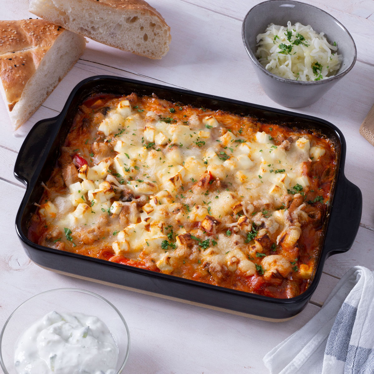Gyros casserole with metaxa sauce