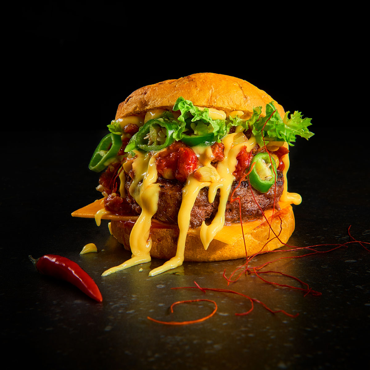 Chili Cheese Burger: Feurig, würzig, anders! Mit Chili con Carne, Jalapenos und selbstgemachtem Ketchup trifft Schärfe auf süße Nuancen. Gebacken in der Lurch Burgerbun-Backform.