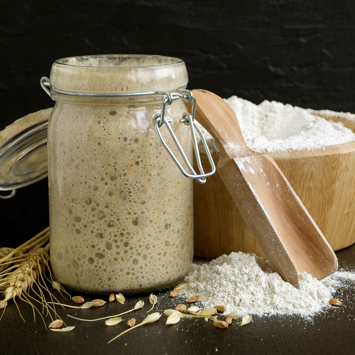 Frischer Roggensauerteig in einem Glas, umgeben von Mehl und Wasser – bereit zur täglichen Pflege.