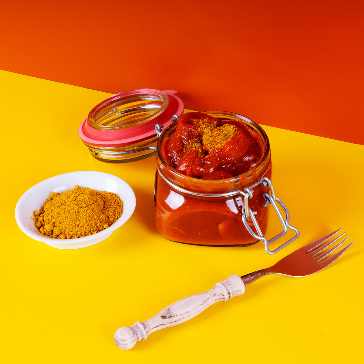 Hausgemachte Currysoße in einer weißen Schale, umgeben von frischen Gewürzen und Kräutern, ideale Würze für Kindergerichte und Familienessen.