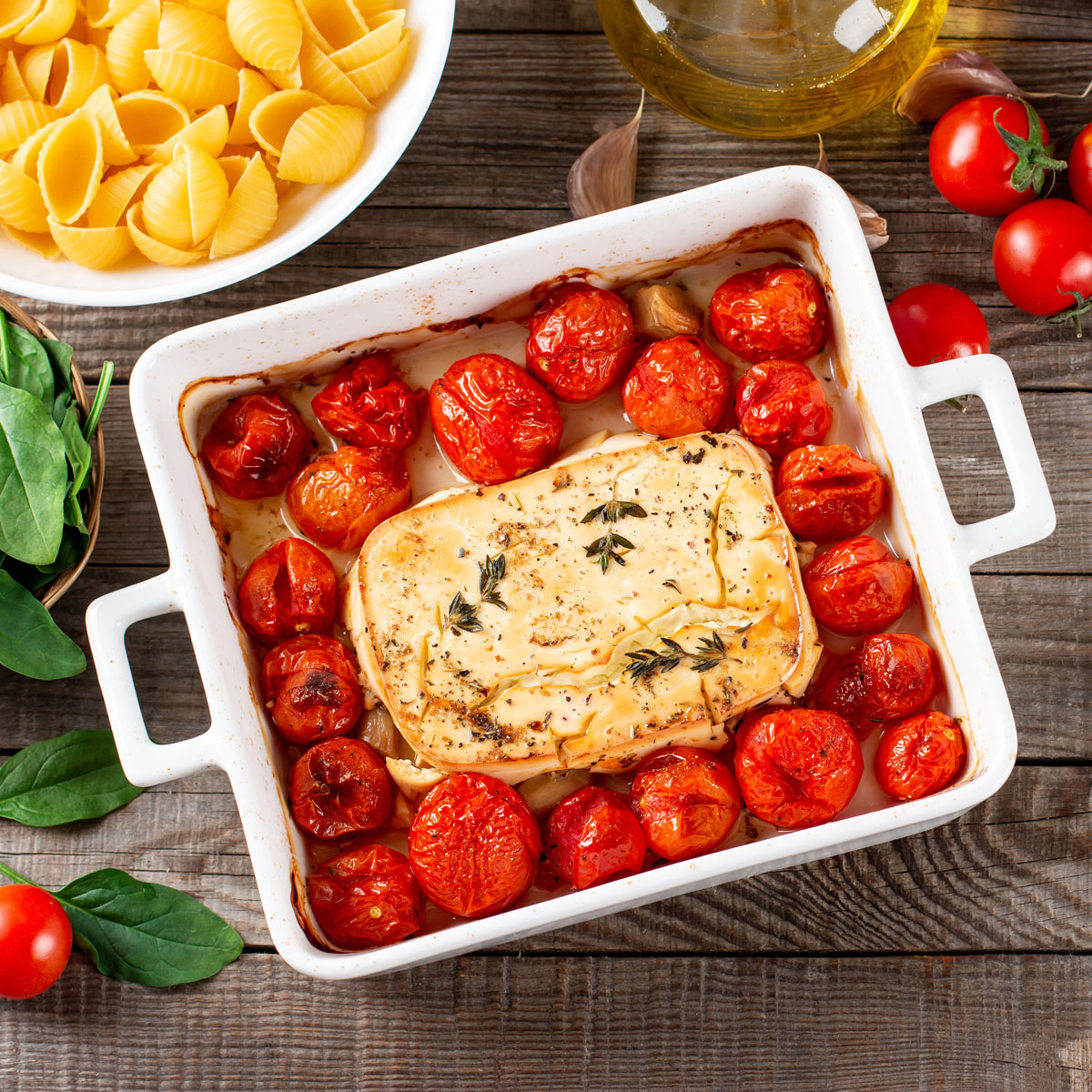 Im Ofen gegarter Feta mit würzigen Tomaten trifft auf frisch gekochte Pasta – ein einfaches, aber unglaublich aromatisches Gericht mit Gelinggarantie. Am besten gebacken in der Lurch Terra Nova Keramikform.