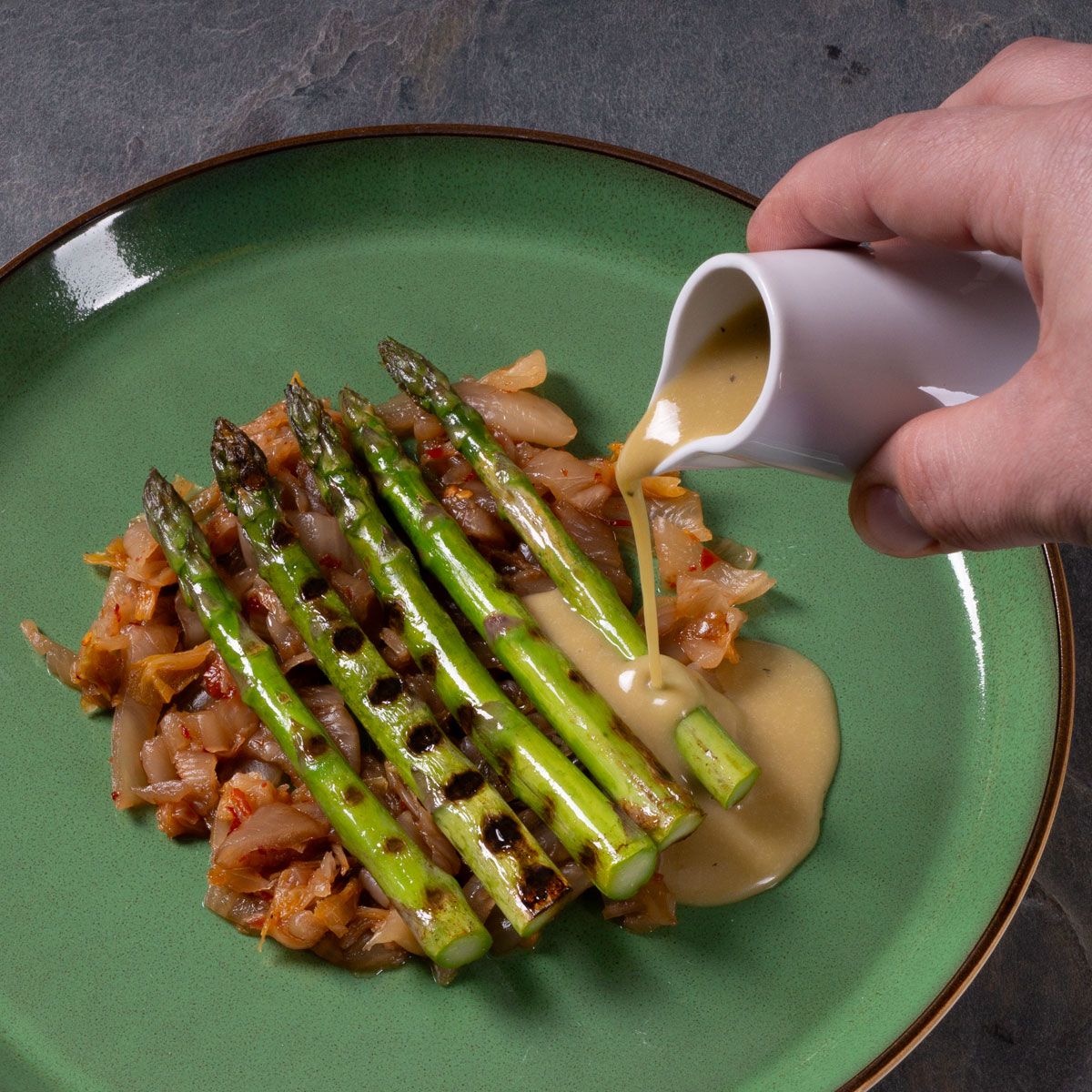 Green asparagus with kimchi and miso hollandaise