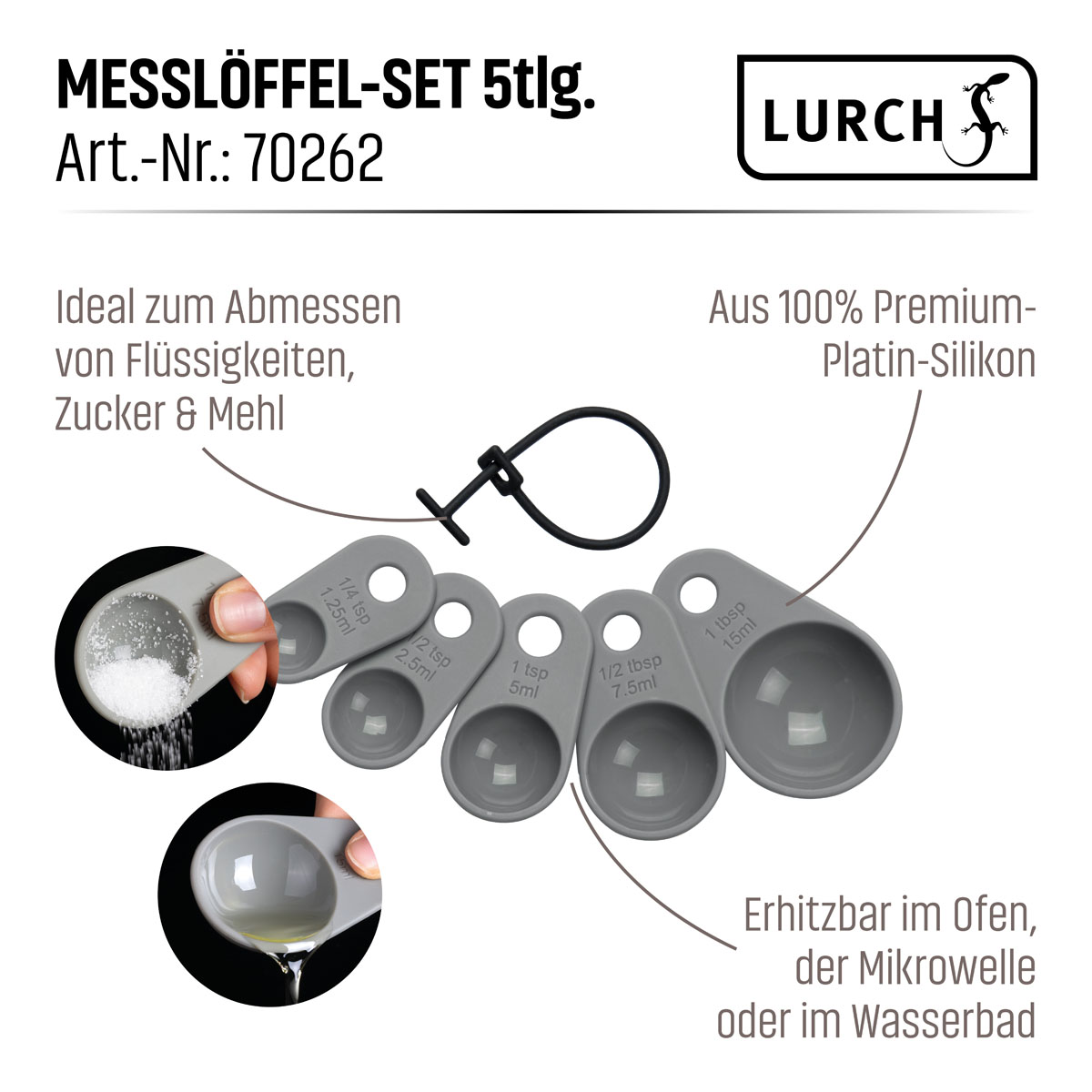 LURCH Messlöffel Set Silikon 5teilig flint grey mit Silikon-Befestigungsband