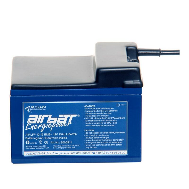 AIRBATT Energiepower LiFePO4 12 V 15 Ah mit Polabdeckung Kabel Stirnseitig
