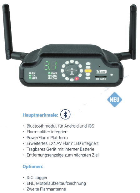 FlarmBat, RFB (2ter Antennenkanal), IGC Logger, 2 Antennen, optional mit/ohne ENL (Motorsensor), mit/ohne ADSB