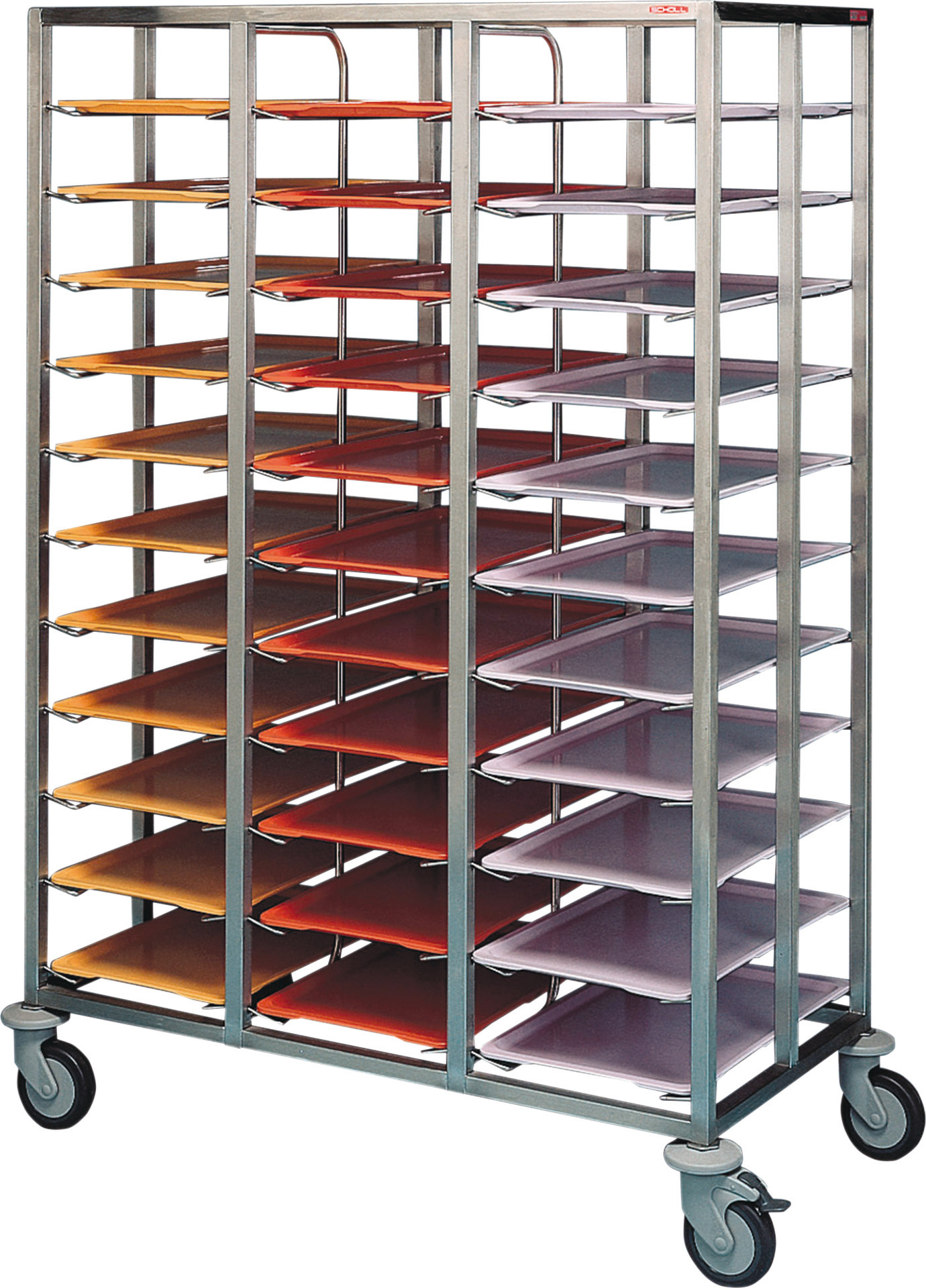 Tablett-Abräumwagen Edelstahl 3-teilig / für 33 Universal-Tabletts/125 mm Abstand