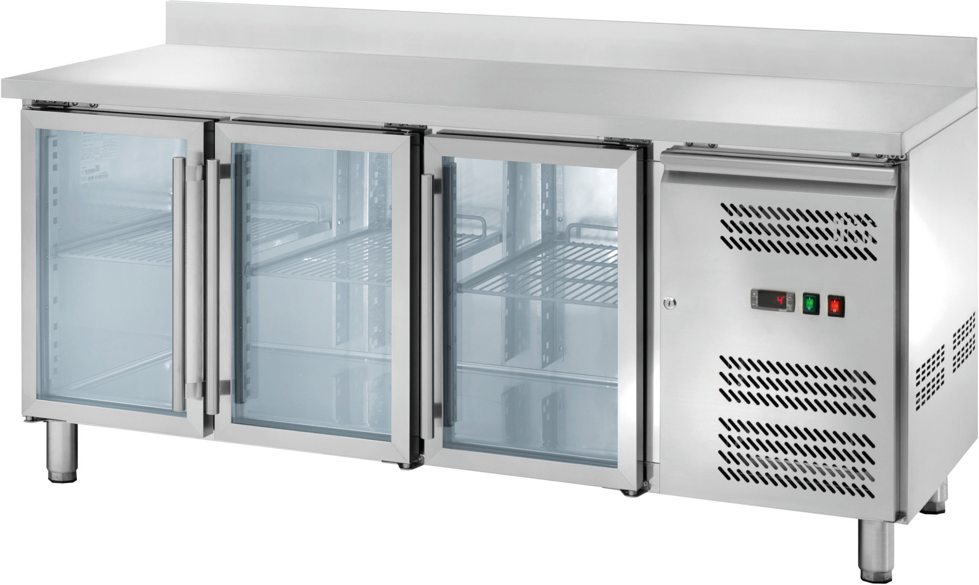 Kühltisch 417 l GN 1/1 mit 100 mm Aufkantung, 3 Glastüren