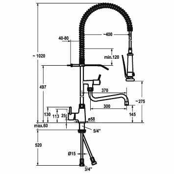 Gastro Geschirrbrause 3/4" mit Auslauf A 300, B 370 ganzchrom
