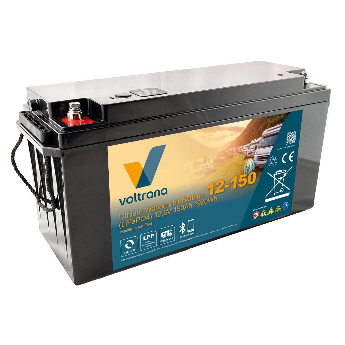 Lithium Wohnmobil-Batterie 12,8V 150Ah 1920Wh M8 mit Bluetooth & Heizung – Voltrana LiFePO4  Versorgungsbatterie
