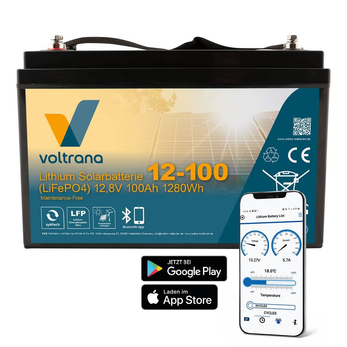Lithium-Akku VT100 12,8V 100Ah 1280Wh mit Bluetooth und Heizung – Voltrana LiFePO4 Batterie