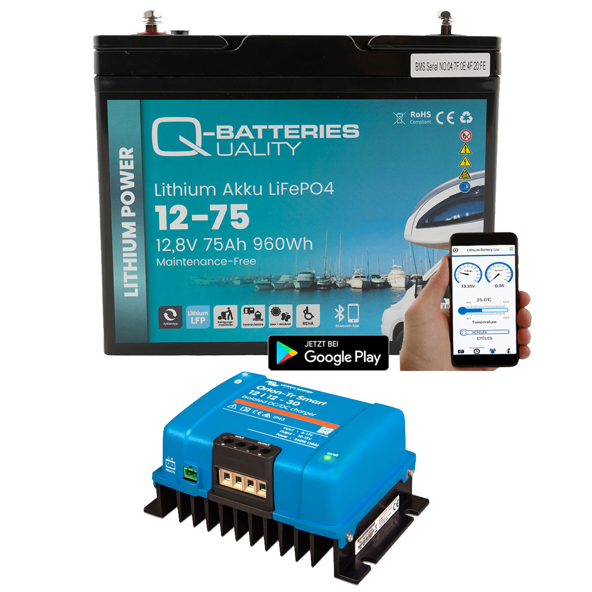 Q-Batteries LiFePO4 12,8V 75 Ah mit Victron Orion-Tr Smart 12/12-30A Ladebooster